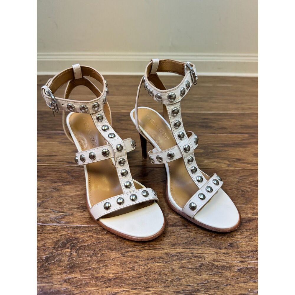 VTG - COACH Isabell II Leather Studded Ankle Strap Stiletto Sandals, Chalk, 7B
